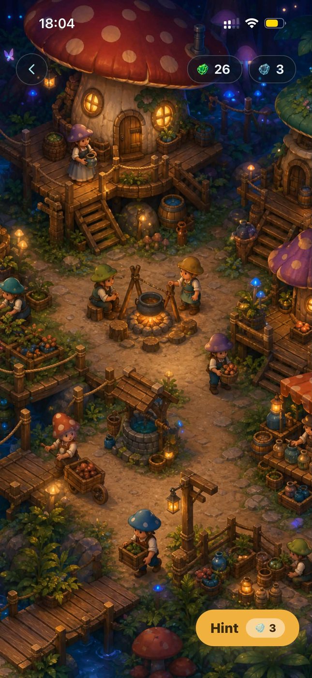 A painted mushroom village at night: lit windows, a cooking fire and villagers carrying baskets along wooden walkways.