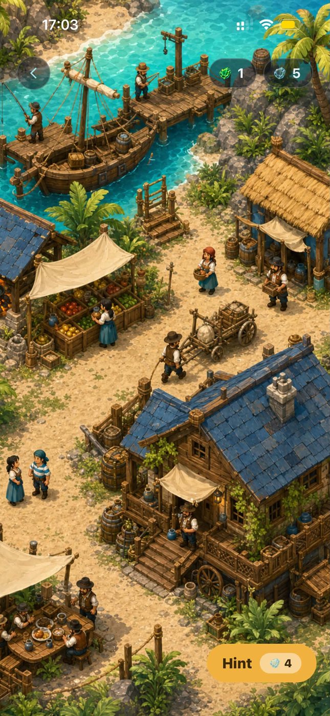 A painted harbour town at noon: a moored ship, market stalls under awnings and villagers on a sandy path.