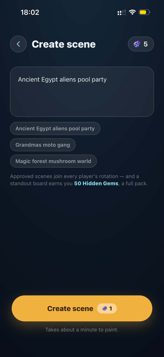 The Create scene screen: a written description of a place, three suggestions below it, and a note that painting takes about a minute.